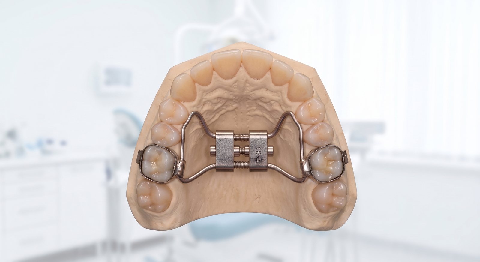 Upper dental model fitted with a palatal expander appliance used to widen the arch